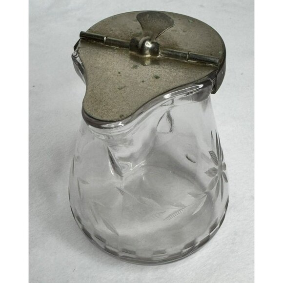 Vintage Glass Syrup Pitcher With Etched Floral Design & Hinged Metal Lid - Picture 7 of 10